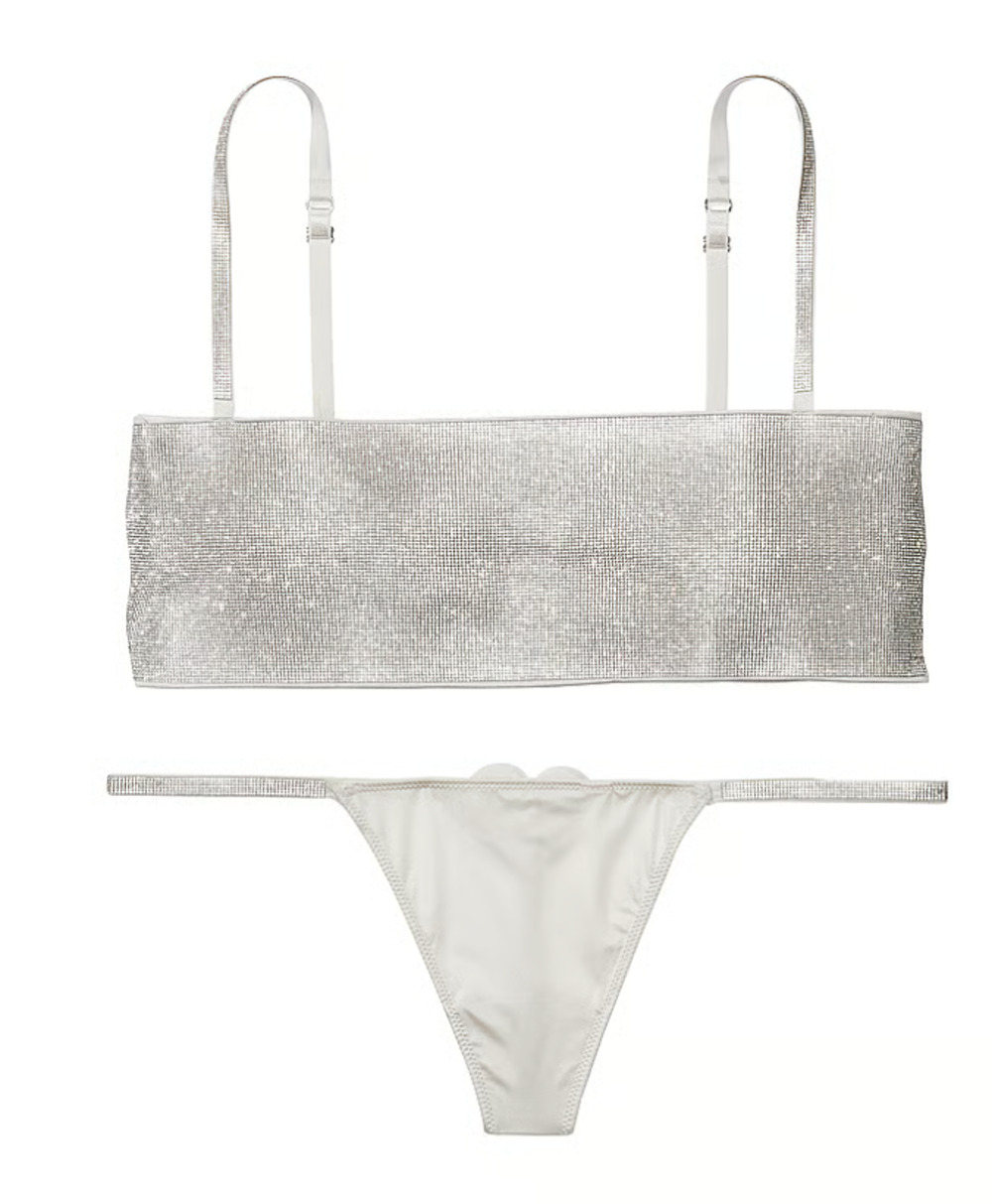 VICTORIAS SECRET SHINE RHINESTONE BANDEAU STRAPPY BRALETTE HEART THONG PANTY SET